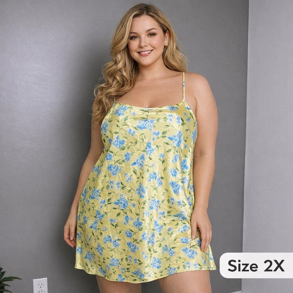 Vintage Satin Slip Dress Plus Size 2X Floral Yellow Blue Nightgown Chemise Avon